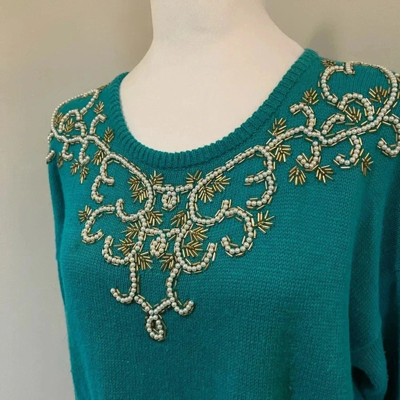 Vintage Teal Beaded Sweater by Dana Scott - Size L - Picture 8 of 9